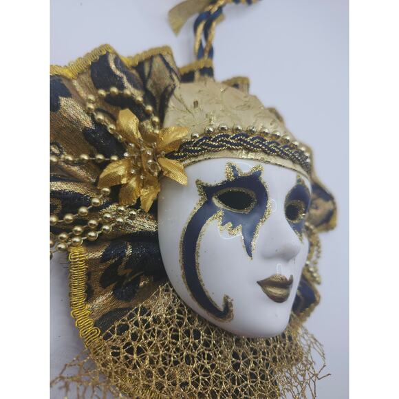 Vintage Venetian Jester Wall Mask Gold Black Porcelain Face Masquerade Decor - Picture 6 of 10